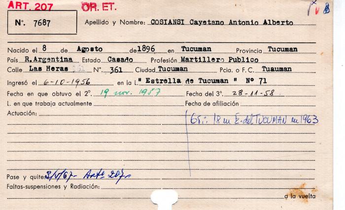 Ficha de miembro de Cayetano Antonio Alberto Cosiansi.