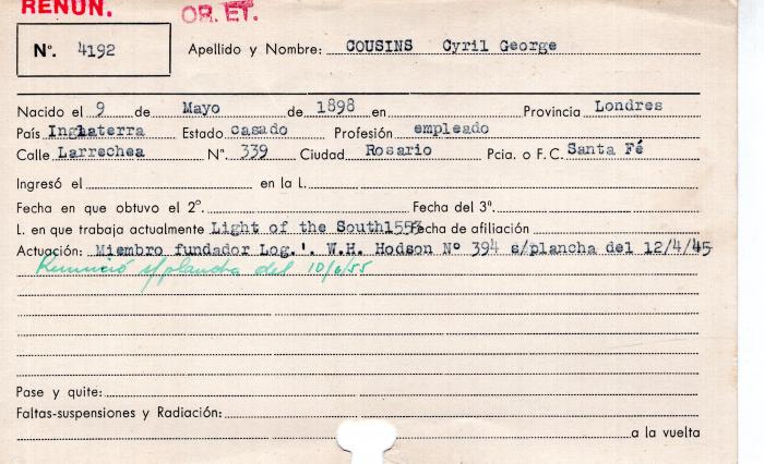 Ficha de miembro de Cyril George Cousins.