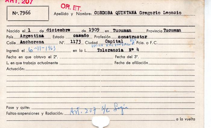 Ficha de miembro de Gregorio Leoncio Córdoba Quintana.