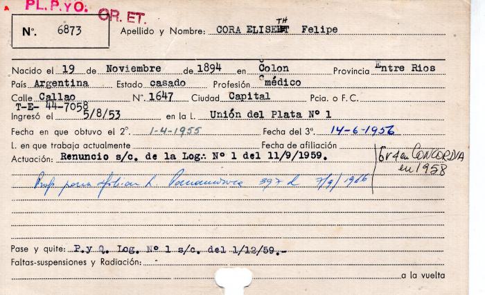 Ficha de miembro de Felipe Cora Eliseth.
