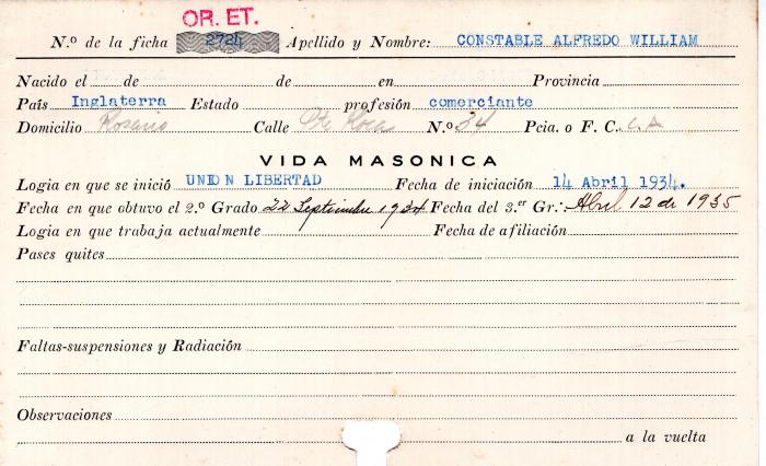 Ficha de miembro de Alfredo William Constable.