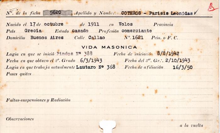 Ficha de miembro de Parisis Leonidas Cothros.