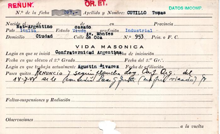 Ficha de miembro de Tomás Cutillo.