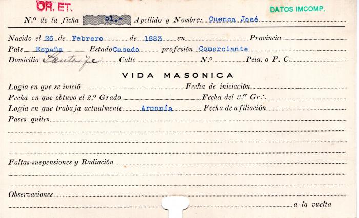 Ficha de miembro de José Cuenca.