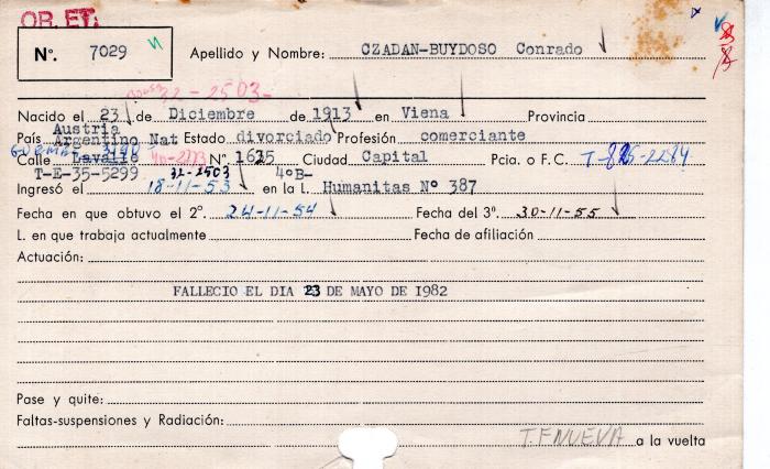 Ficha de miembro de Conrado Czadan-Buydozo.