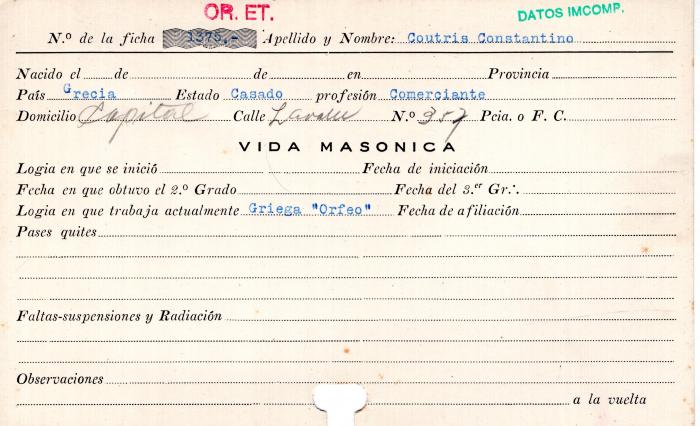 Ficha de miembro de Constantino Coutris.