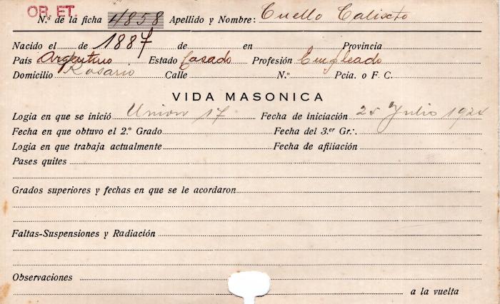 Ficha de miembro de Calixto Cuello.