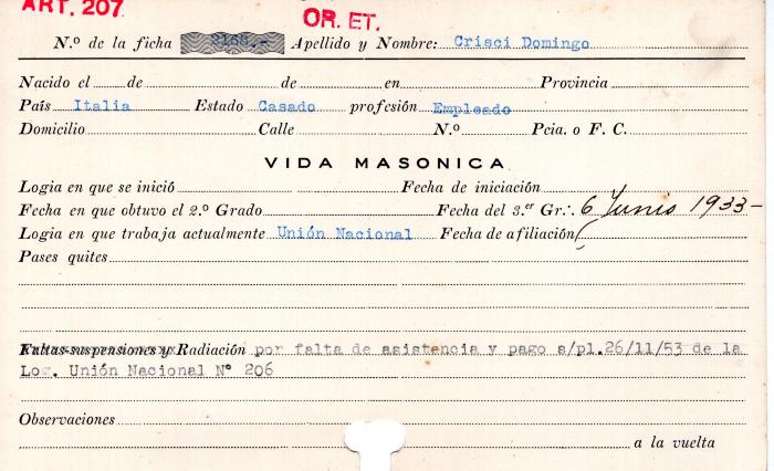 Ficha de miembro de Domingo Crisci.