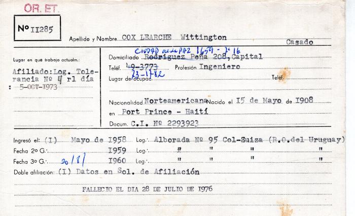 Ficha de miembro de Wittington Cox Learche.