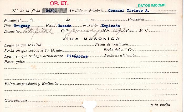 Ficha de miembro de Ciriaco A. Cozzani.