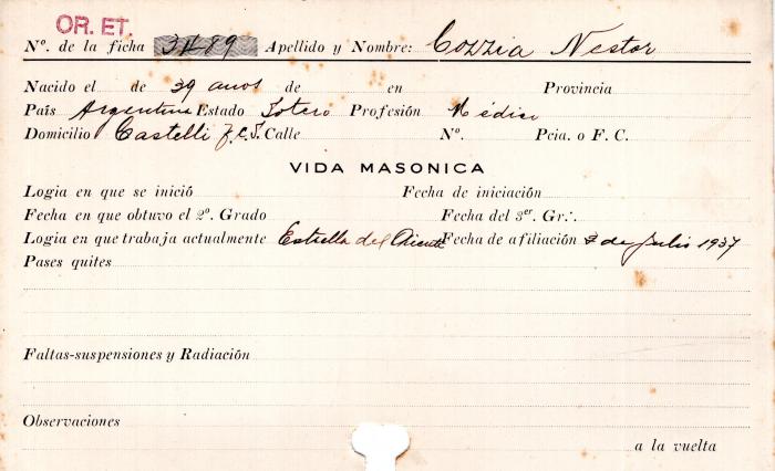 Ficha de miembro de Néstor Cozzia.
