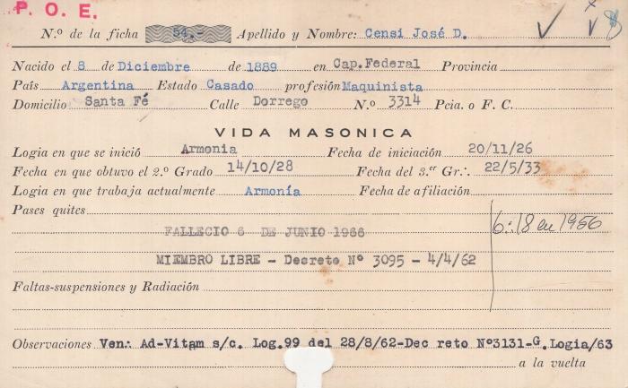 Ficha de miembro de José D. Censi.