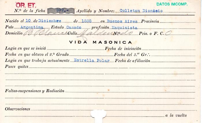 Ficha de miembro de Dionisio Culletno.