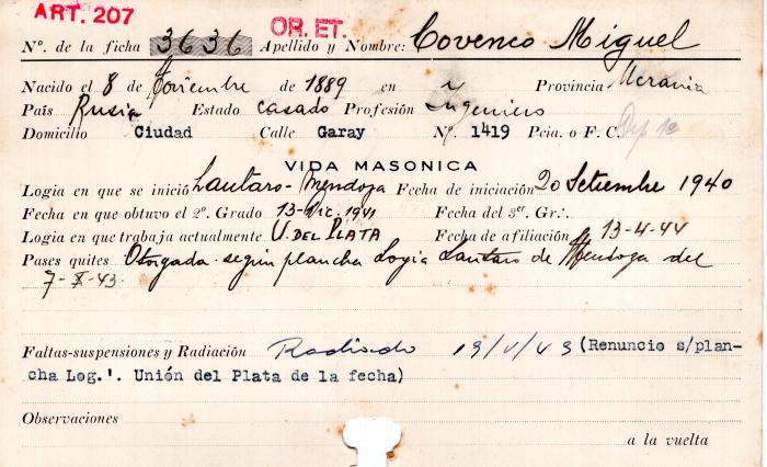 Ficha de miembro de Miguel Covenco.