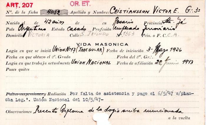 Ficha de miembro de Victor E. Cristiansson.