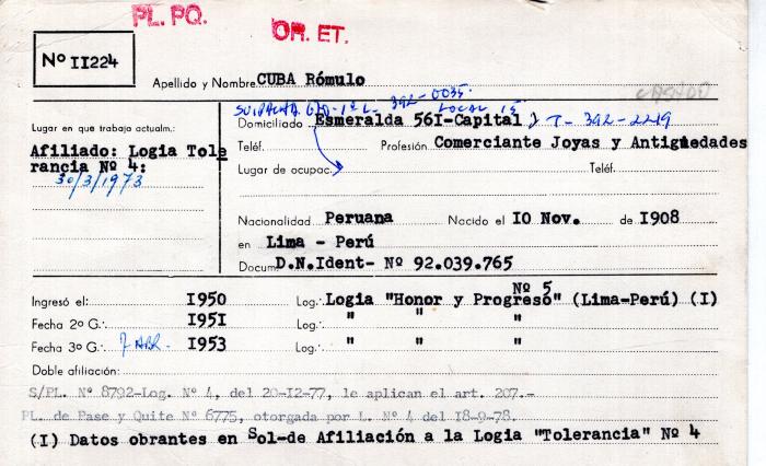 Ficha de miembro de Rómulo Cuba.