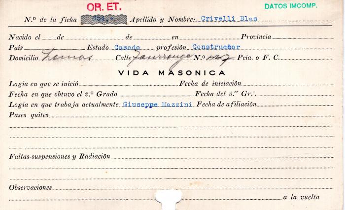 Ficha de miembro de Blas Crivelli.