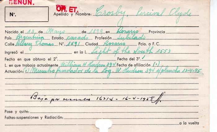 Ficha de miembro de Percival Clyde Crosby.