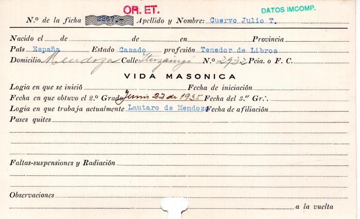 Ficha de miembro de Julio T. Cuervo.