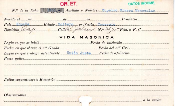 Ficha de miembro de Wenceslao Cupeioro Rivera.