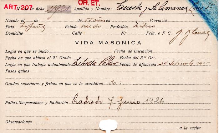 Ficha de miembro de Luis Francisco Cuesta y Salamanca.