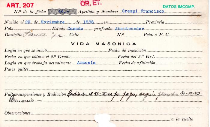 Ficha de miembro de Francisco Crespi.