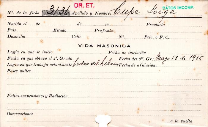 Ficha de miembro de Jorge Cupe.