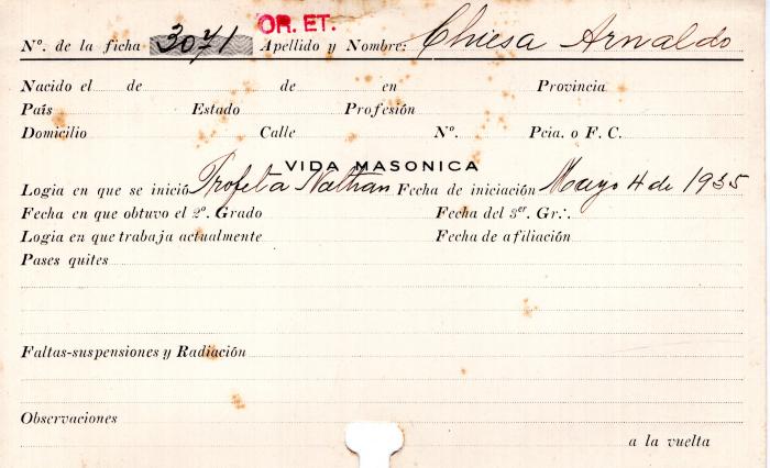 Ficha de miembro de Arnaldo Chiesa.
