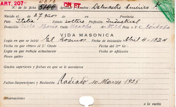 Ficha de miembro de Américo F. Dalmastro.