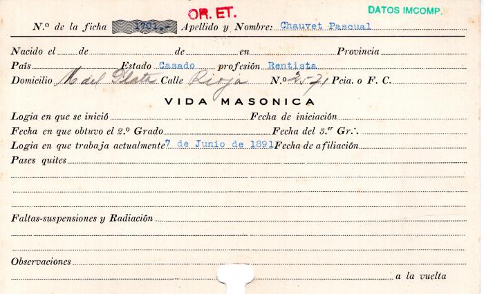 Ficha de miembro de Pascual Chauvet.