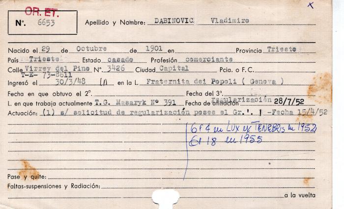 Ficha de miembro de Vladimiro Dabinovic.