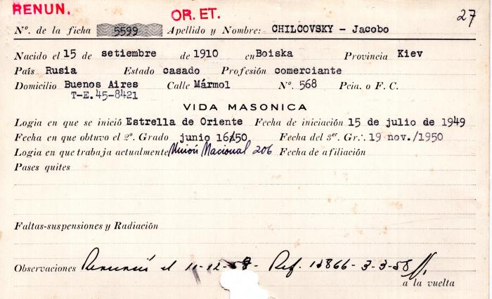 Ficha de miembro de Jacobo Chilcovsky.