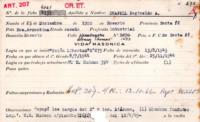 Ficha de miembro de Reginaldo A. Chapell.