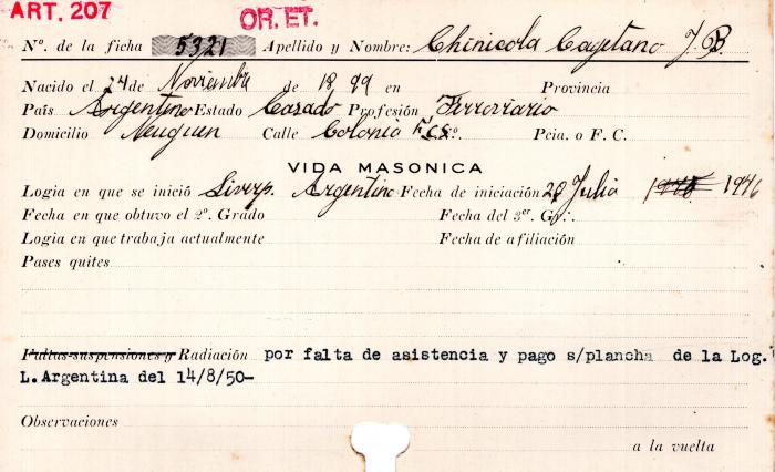 Ficha de miembro de Cayetano J. B. Chinicola.