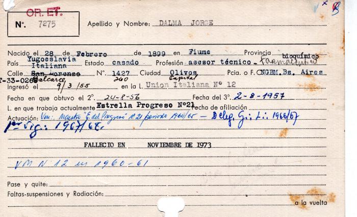 Ficha de miembro de Jorge Dalma.