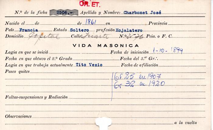 Ficha de miembro de José Charbonet.