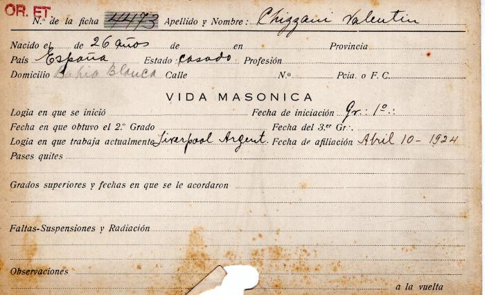Ficha de miembro de Valentín Chizzani.