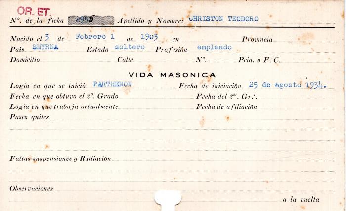 Ficha de miembro de Teodoro Christon.