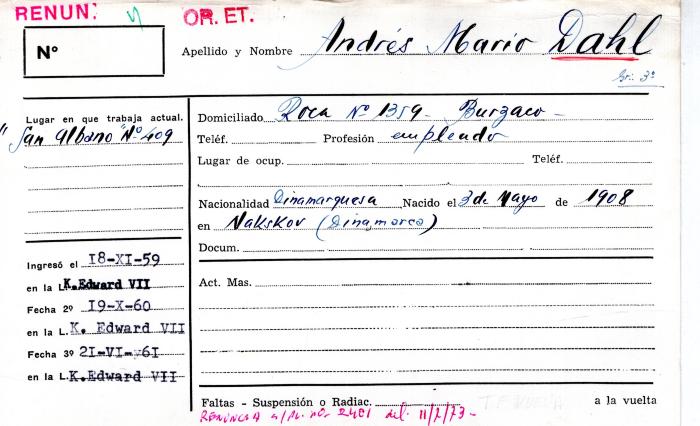 Ficha de miembro de Andrés Mario Dahl.