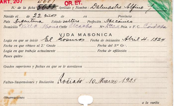 Ficha de miembro de Albino J. Dalmastro.