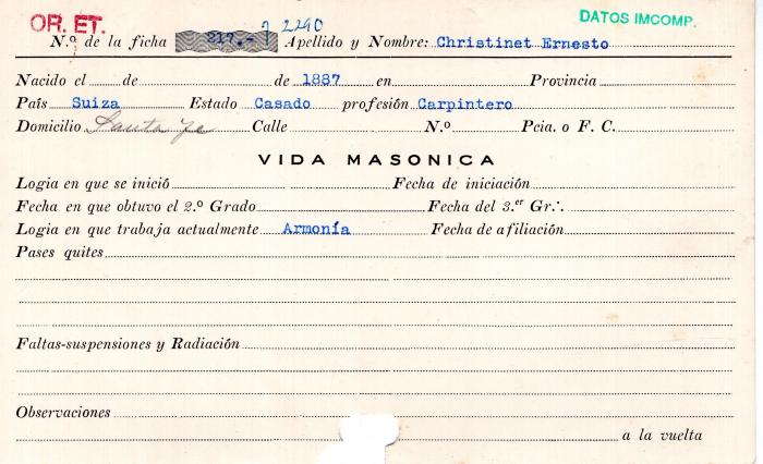 Ficha de miembro de Ernesto Christinet.