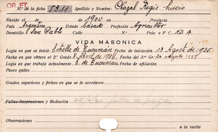 Ficha de miembro de Regis Lucio Chazal.
