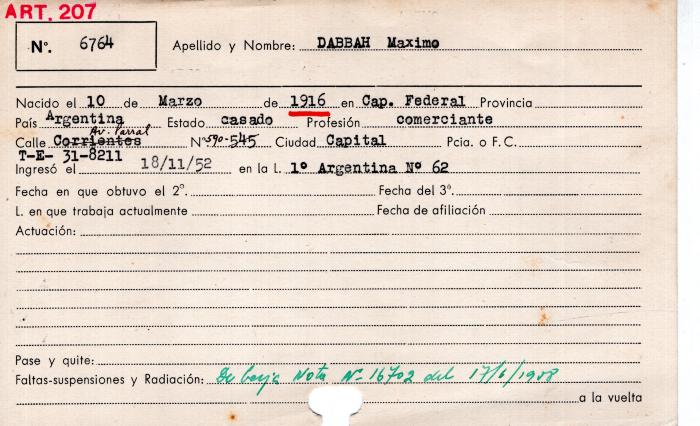 Ficha de miembro de Maximo Dabbah.