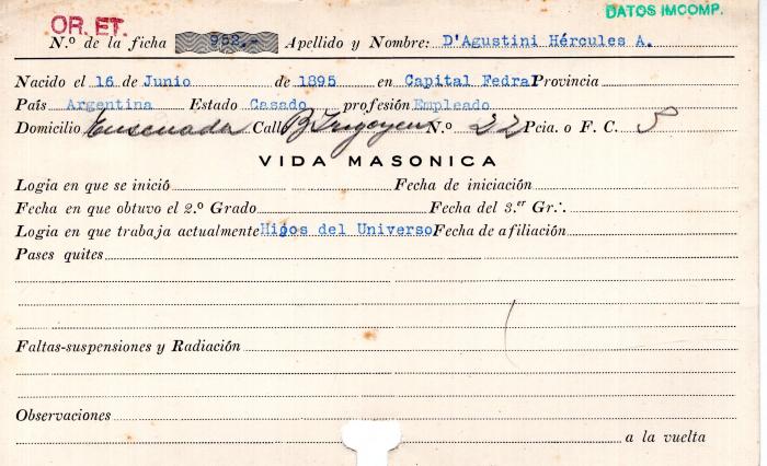 Ficha de miembro de Hércules A. D'Agustini.