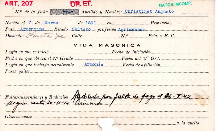 Ficha de miembro de Augusto Christinet.