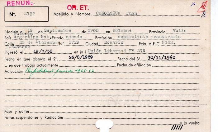 Ficha de miembro de Juan Chrolczuk.