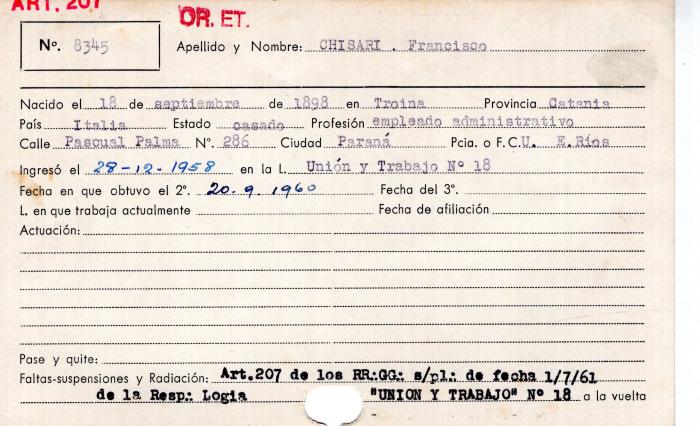 Ficha de miembro de Francisco Chisari.