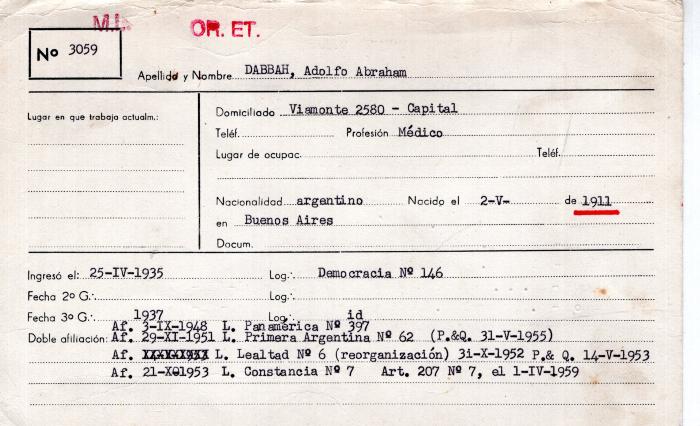 Ficha de miembro de Adolfo Abraham Dabbah.