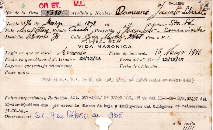 Ficha de miembro de Jacinto Liberato Damiani.