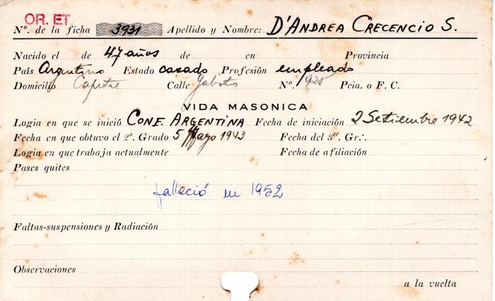 Ficha de miembro de Crecencio S. D'Andrea.